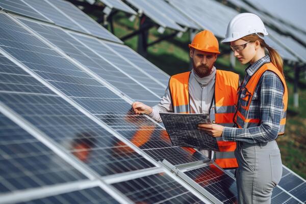 Zwei Personen checken eine Photovoltaikanlage
