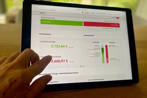 Tablet mit digitalem Haushalt der Stadt Gie�en