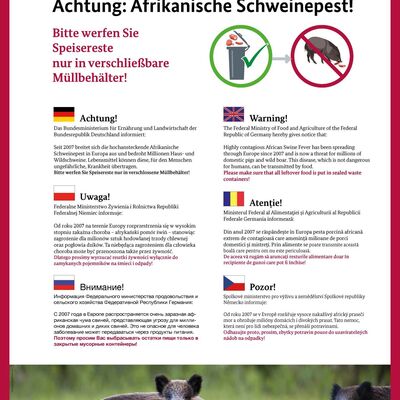 Plakat "Achtung Afrikanische Schweinepest!" Das mehrsprachige Plakat weist an vielen Rastst�tten, Wanderparkpl�tzen und anderen Stellen im Landkreis Gie�en darauf hin, dass keine Speisereste im Freien zur�ckgelassen werden sollen. Das Veterin�ramt des Landkreises Gie�en hat diese Schilder vom Bundeslandwirtschaftsministerium beschafft.