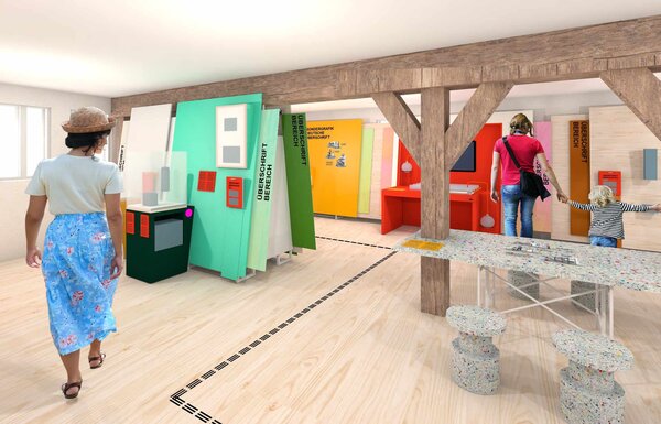 Einblick in die Gestaltung des Ausstellungsraumes Bildung, Wissenschaft und Innovationen (AT) der neuen Dauerausstellung