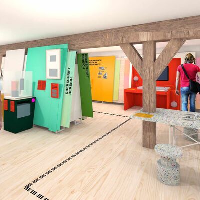 Einblick in die Gestaltung des Ausstellungsraumes Bildung, Wissenschaft und Innovationen (AT) der neuen Dauerausstellung