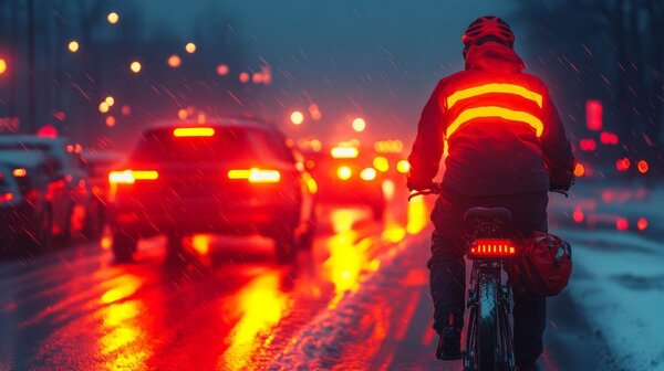 Radfahrer bei Dunkelheit und Nsse mit Licht und Warnweste