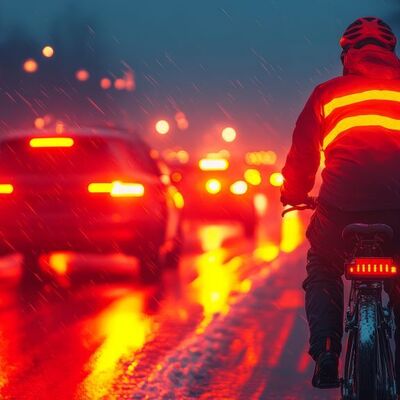 Radfahrer bei Dunkelheit und Nsse mit Licht und Warnweste