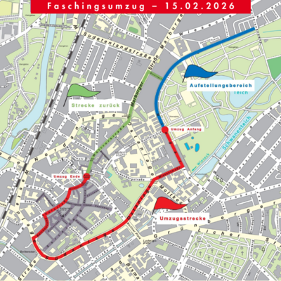Die Karte zeigt den Streckenverlauf des Fassenachtsumzugs 2026