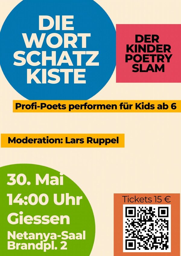 Plakat "Wortschatzkiste - Der Poetry Slam für Kinder - Gro�e Stars slammen für gro�e Ohren kleiner Menschen am 29. Mai