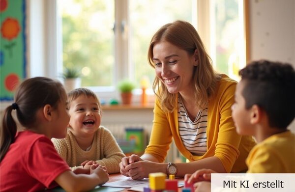 Junge Frau spielt mit drei Kindern an einem Tisch