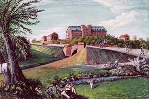 Gem&auml;lde des Seltersbergs mit kurz zuvor neu errichteter steinerne Wieseckbr&uuml;cke. Dahinter die 1818/19 gebaute Kaserne, die 1840 wurde zum Akademischen Krankenhaus umgebaut wurde. (Werk des Malers Ernst Bieler um 1820)