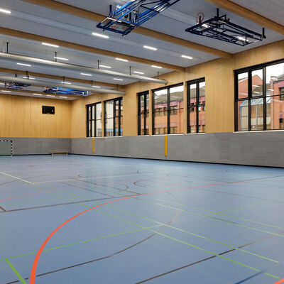 Sporthale Liebigschule ballsporthalle diagonale Ansicht 2025
