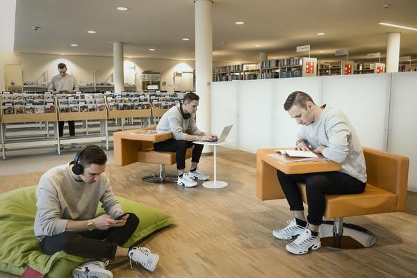 Besucher in der Stadtbibliothek an verschiedenen Medien