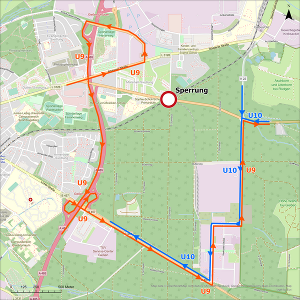�bersicht der Umleitung w�hrend der Vollsperrung des Bahn�bergangs in der Gr�nberger Stra�e
