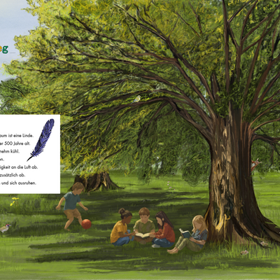 Ein gro&szlig;er Baum. Dieser Baum ist eine Linde. Manche Linden werden &uuml;ber 500 Jahre alt. Unter der Linde ist es angenehm k&uuml;hl. Die Bl&auml;tter spenden Schatten. Der Baum gibt auch Feuchtigkeit an die Luft ab. So k&uuml;hlt er die Umgebung zus&auml;tzlich ab. Hier k&ouml;nnen Kinder spielen und sich ausruhen.