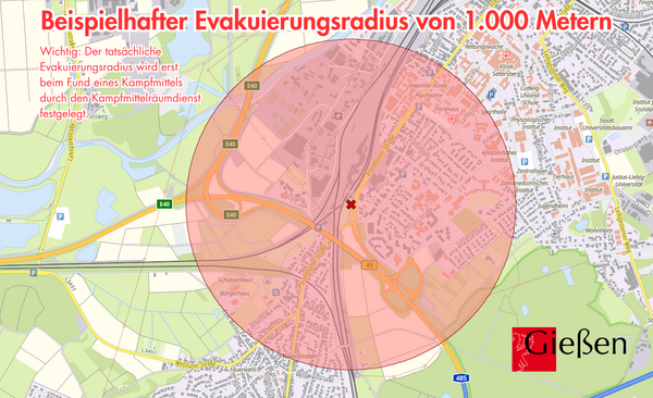 Muster eines m&ouml;glichen Evakuierungsradius von 1000m