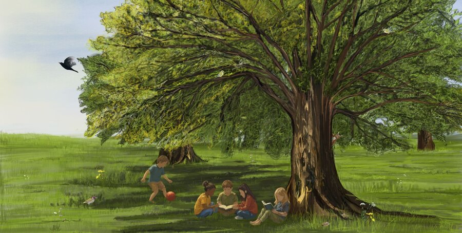 Kinder lesen und spielen unter einer Linde