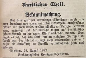 Auszug Gießener Anzeiger vom 30.08.1892 - Bekanntmachung des Gesundheitsamts