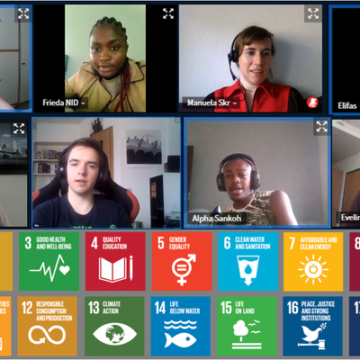 Collage Screenshots einiger Onlinetreffen mit Schülern, Teamern und den Zielen für nachhaltige Entwicklung