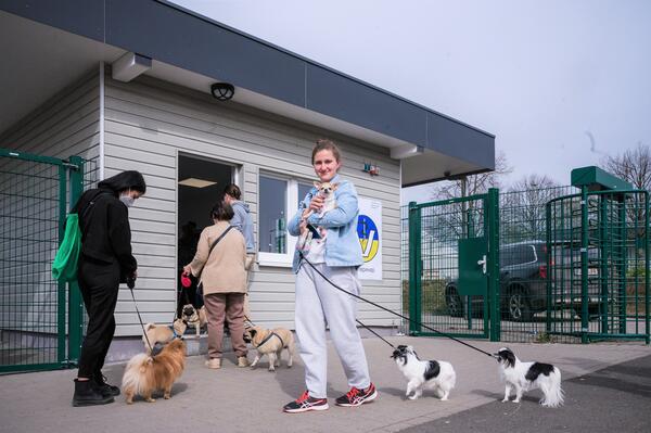 Die ukrainische Studentin Maria (Mitte) ist dankbar für die tierärztliche Anlaufstelle in der Erstaufnahmeeinrichtung.
