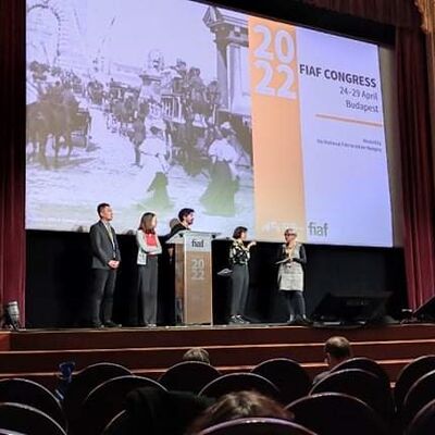 Teilnehmer des Fdration Internationale des Archives du Film im April 2022 in Budapest auf der Bhne
