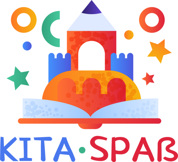 Logo des Kita-Spaß: Ein aufgeschlagenes Buch, auf dem ein buntes Schloss steht, umgeben von bunten Sternen und Punkten.