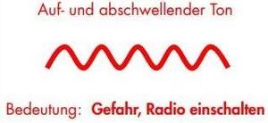 Einmin&uuml;tiger auf- und abschwellenden Heulton. Die Grafik verdeutlicht das mit einer roten Wellenlinie, die den h&ouml;rbaren Sirenenalarm darstellt.<br>
<b>Bedeutung:</b> Es besteht eine &ouml;rtliche Gefahr f&uuml;r Personen oder Sachen - informieren Sie sich hierzu in den Medien (regionale Radio- oder ggf. auch  Fernsehsender und Internet). Rufen Sie hierzu NICHT die Notrufnummern 112 und 110 an.
