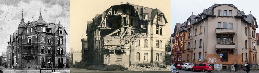 Gebäude Keplerstraße 1 im Zeitstrahl: ganz früher, mit Kriegsschaden und im Jahr 2023
