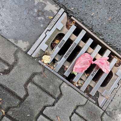 Hundekotbeutel auf einem Kanaldeckel