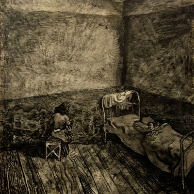 Otto Pankok, »Zimmer mit Säugling«, 1931, Kohle auf Papier, 113 x 99 cm