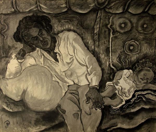 Otto Pankok, Ossi mit Kertscha, 1948, Kohle auf Papier, 118 x 100 cm