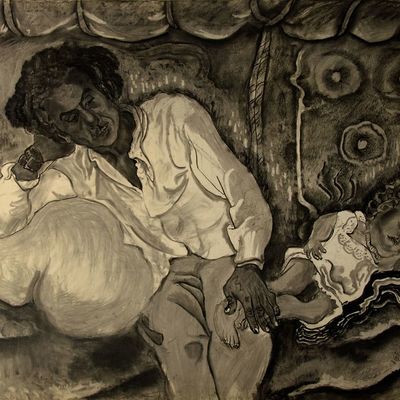 Otto Pankok, &raquo;Ossi mit Kertscha&laquo;, 1948, Kohle auf Papier, 118 x 100 cm