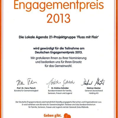 Deutscher Engagementpreis 2013 - Nominierungsurkunde LA21-Projektgruppe "Fluss mit Flair"