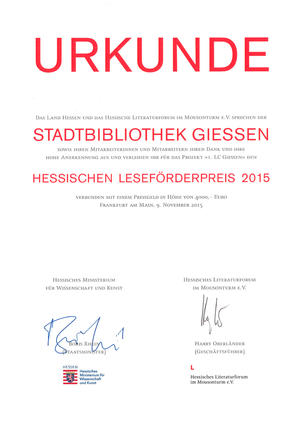 Urkunde Hessicher Leseförderpreis 2015
