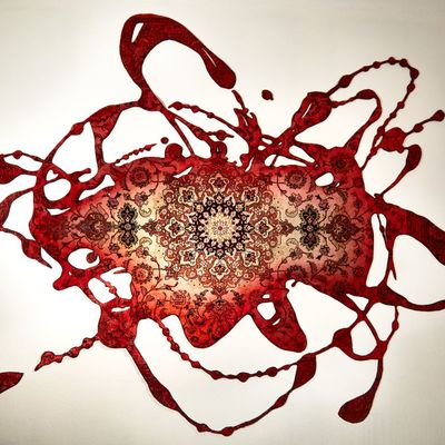 Nomi Kiss "Syrup", 2017, ausgeschnittener und bemalter handgeknpfter Perserteppich auf Leder kaschiert