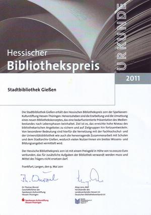 Urkunde Hessischer Bibliothekspreis 2011